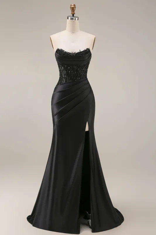 Satin Mermaid Black Sweetheart Sheer Corset Ruched Beaded Long Prom Dress with Slit made by Zapaka