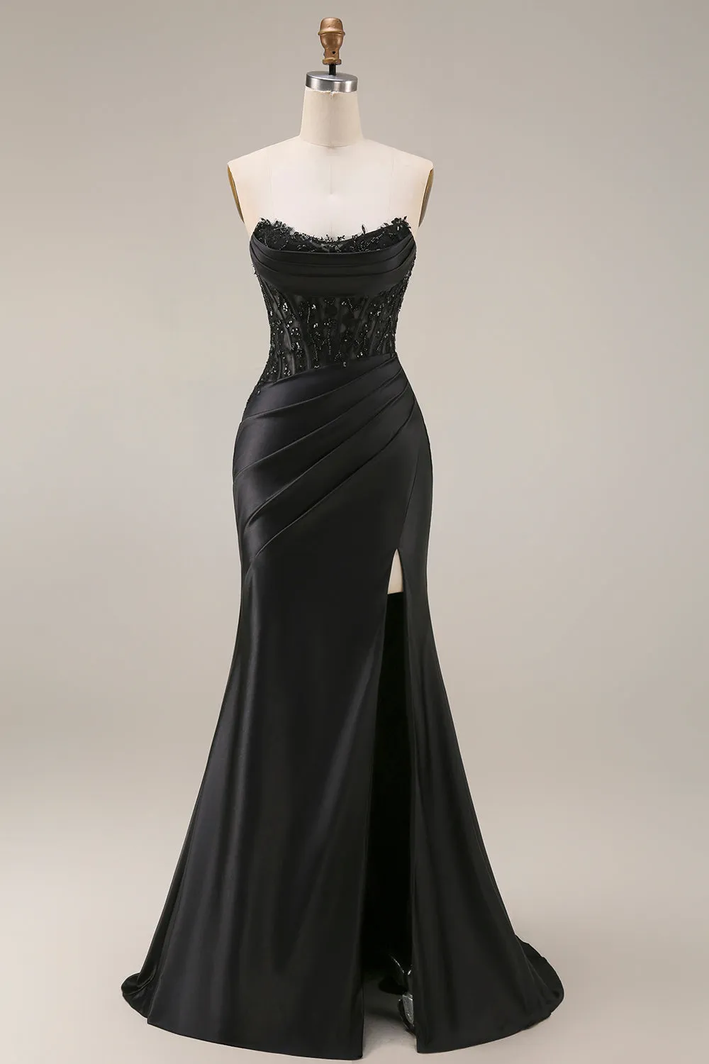 Satin Mermaid Black Sweetheart Sheer Corset Ruched Beaded Long Prom Dress with Slit sold by Zapaka