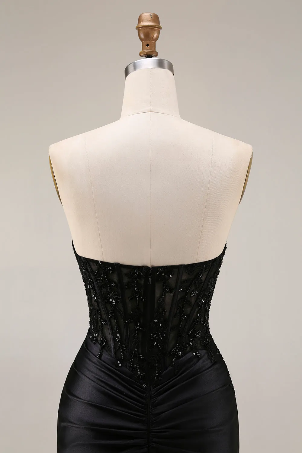 Satin Mermaid Black Sweetheart Sheer Corset Ruched Beaded Long Prom Dress with Slit sold by Zapaka product image thumbnail 5