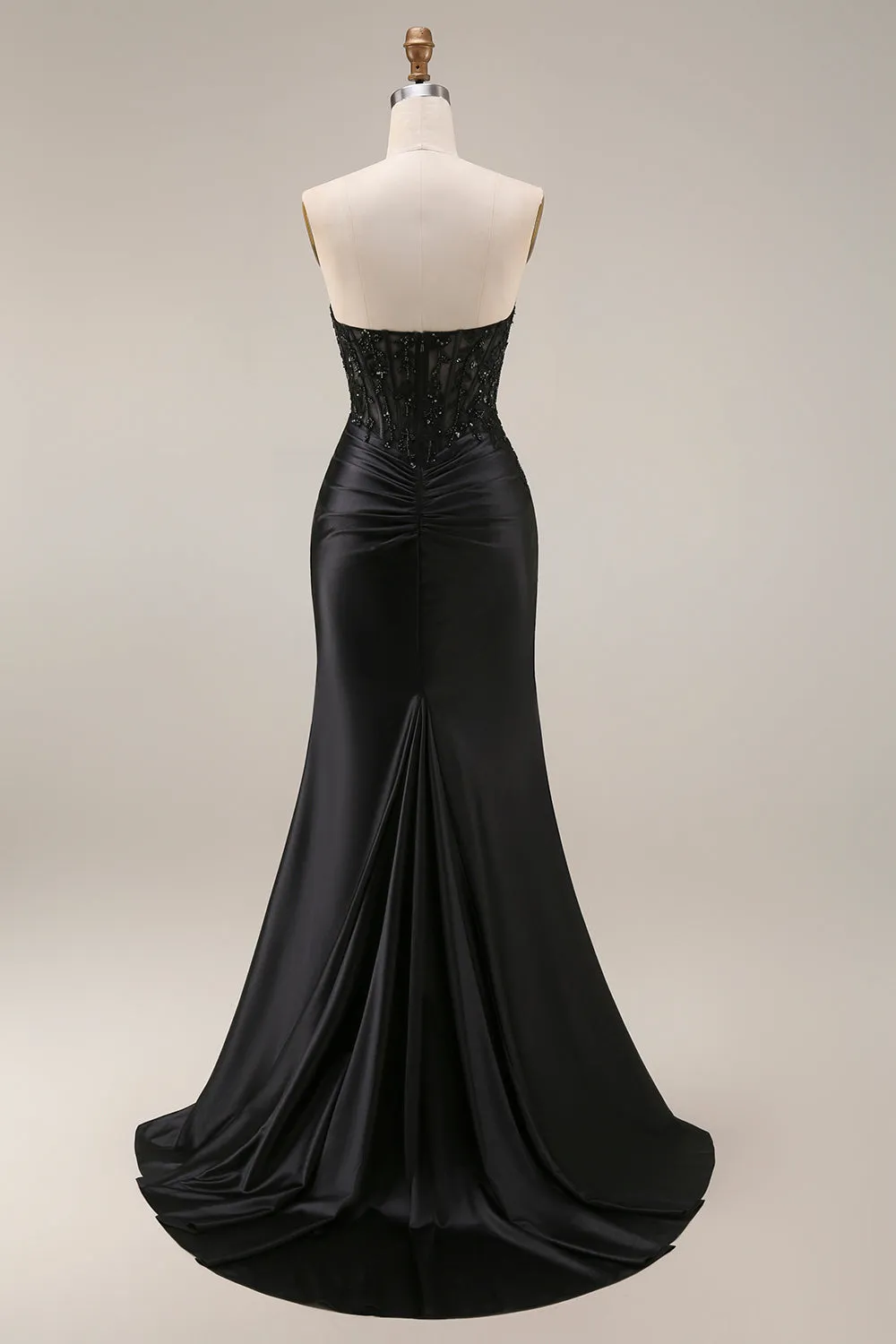 Satin Mermaid Black Sweetheart Sheer Corset Ruched Beaded Long Prom Dress with Slit sold by Zapaka product image thumbnail 2