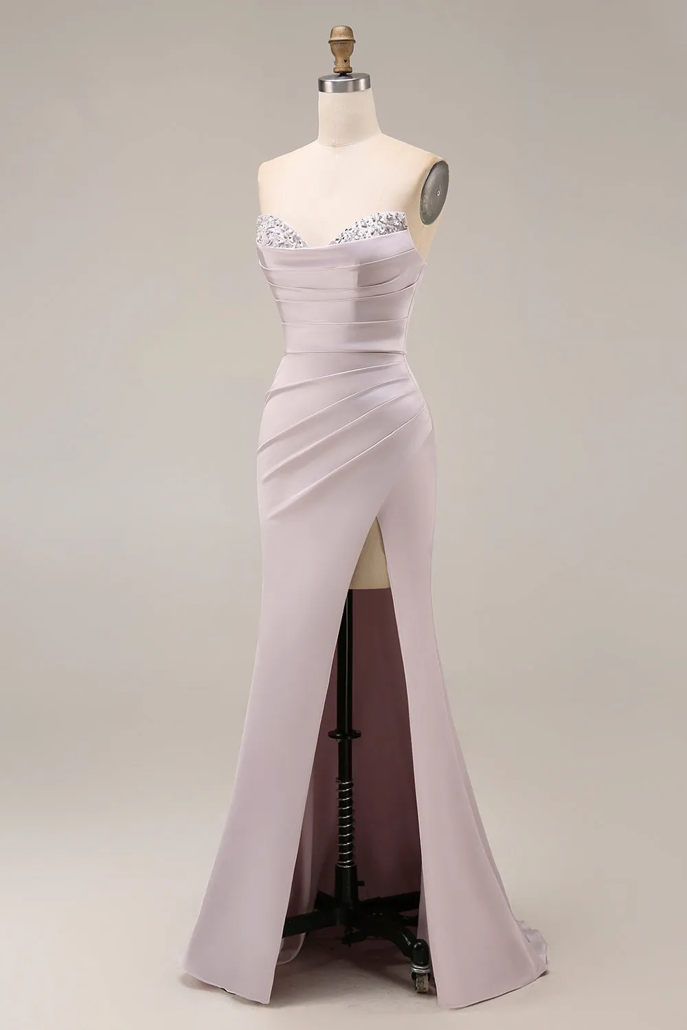 Satin Mermaid Light Purple Sweetheart Ruched Beaded Long Prom Dress with Slit sold by Zapaka product image thumbnail 3