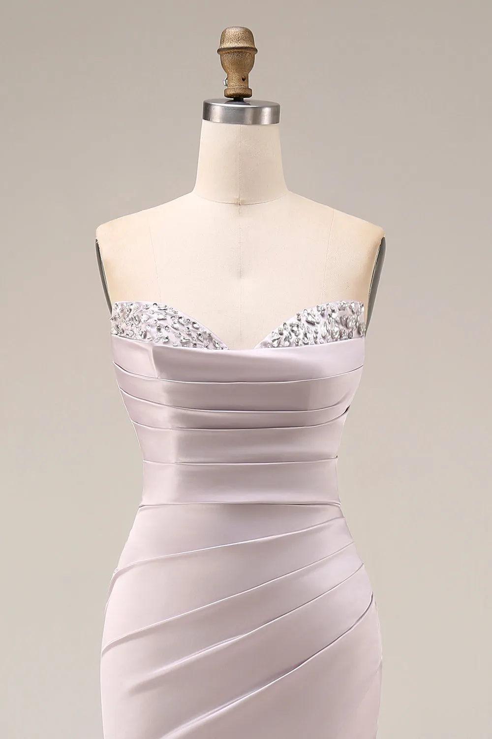 Satin Mermaid Light Purple Sweetheart Ruched Beaded Long Prom Dress with Slit sold by Zapaka product image thumbnail 4