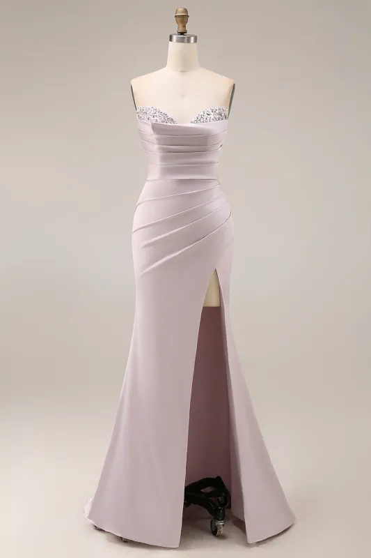 Satin Mermaid Light Purple Sweetheart Ruched Beaded Long Prom Dress with Slit made by Zapaka
