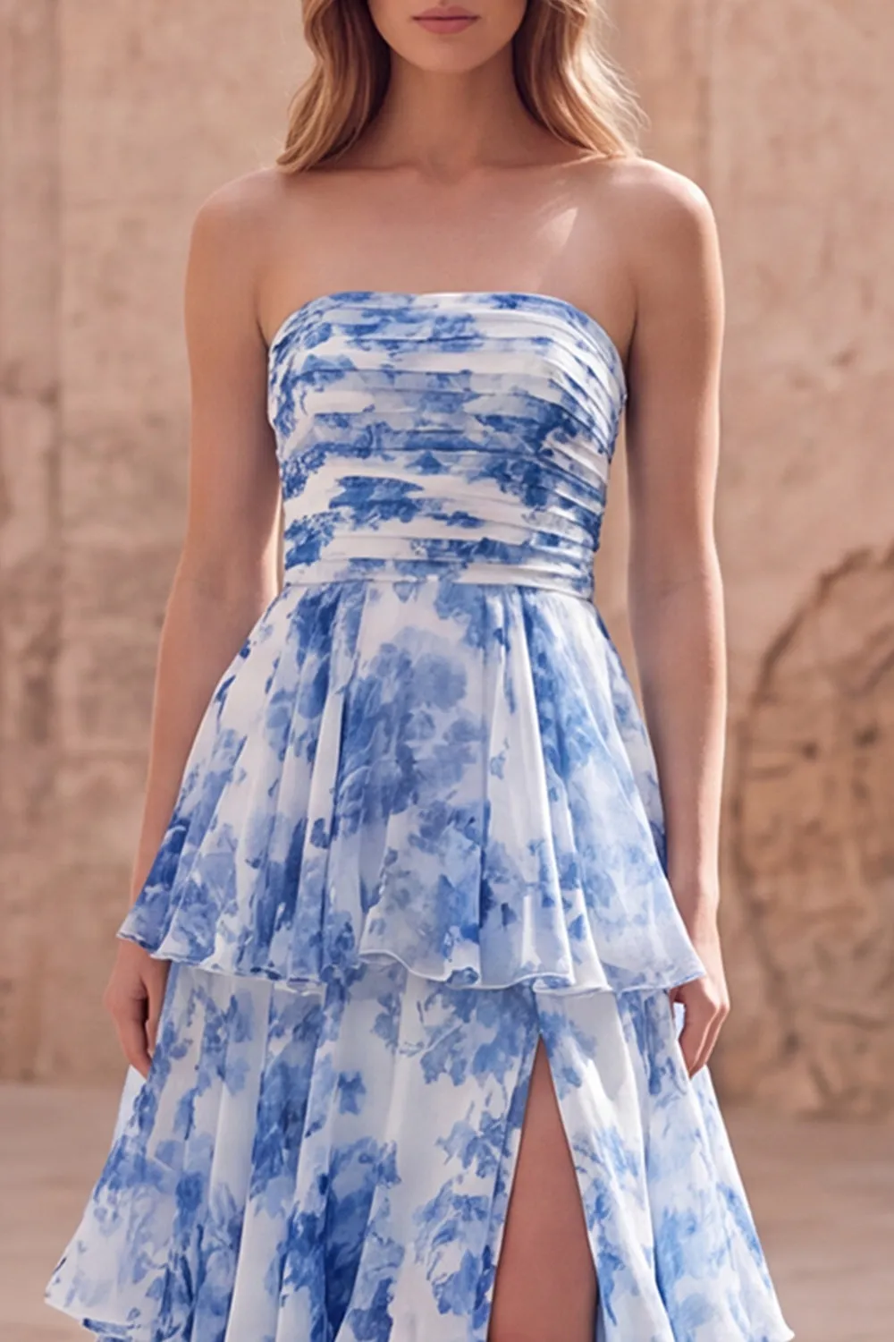 Strapless A-Line White Blue Flower Tiered Ruched Long Prom Dress with Slit sold by Zapaka product image thumbnail 3