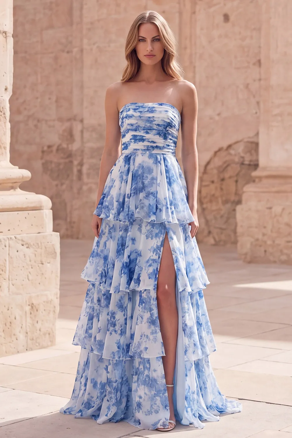 Strapless A-Line White Blue Flower Tiered Ruched Long Prom Dress with Slit sold by Zapaka
