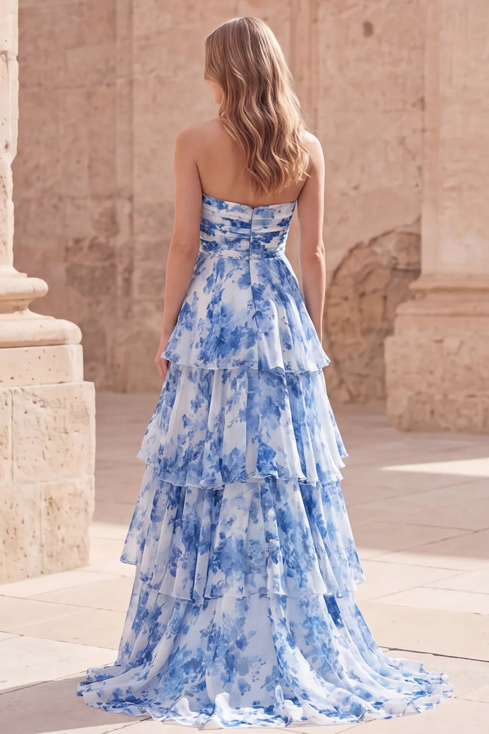 Strapless A-Line White Blue Flower Tiered Ruched Long Prom Dress with Slit sold by Zapaka product image thumbnail 2
