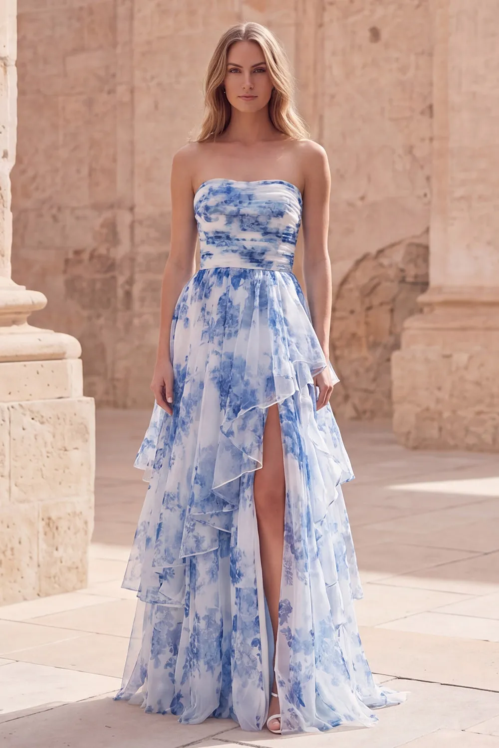 White Blue Flower Strapless A-Line Tiered Ruffled Long Prom Dress with Slit sold by Zapaka