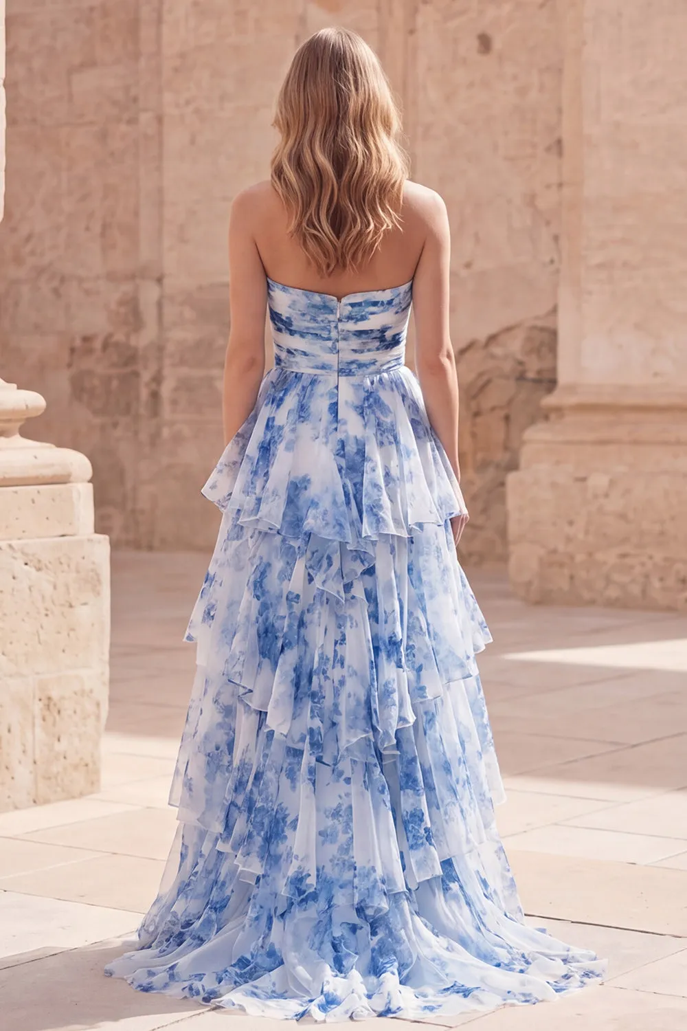 White Blue Flower Strapless A-Line Tiered Ruffled Long Prom Dress with Slit sold by Zapaka product image thumbnail 2