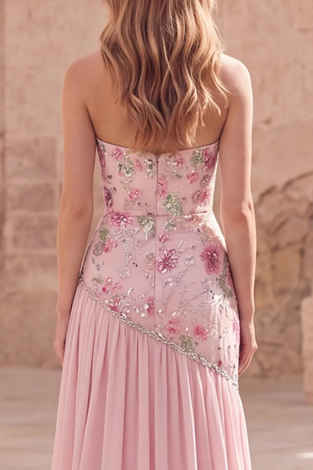Strapless Pink A-Line Beaded Floral Long Prom Dress with Slit sold by Zapaka product image thumbnail 4