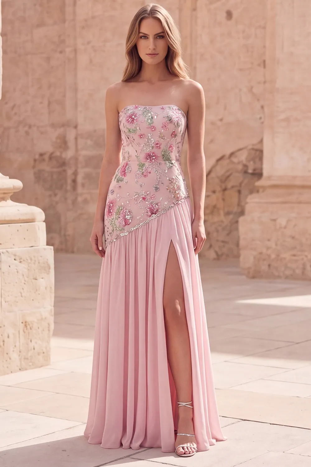 Strapless Pink A-Line Beaded Floral Long Prom Dress with Slit sold by Zapaka