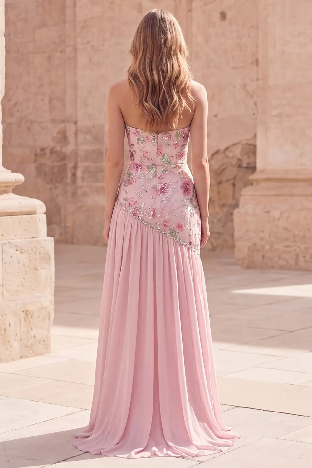 Strapless Pink A-Line Beaded Floral Long Prom Dress with Slit sold by Zapaka product image thumbnail 2