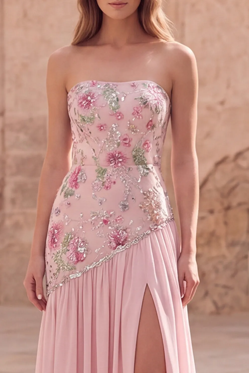 Strapless Pink A-Line Beaded Floral Long Prom Dress with Slit sold by Zapaka product image thumbnail 3