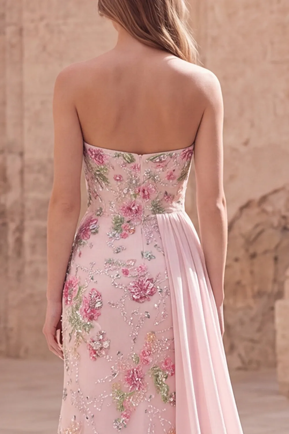Strapless Pink Mermaid Beaded Floral Long Prom Dress with Sash sold by Zapaka product image thumbnail 4