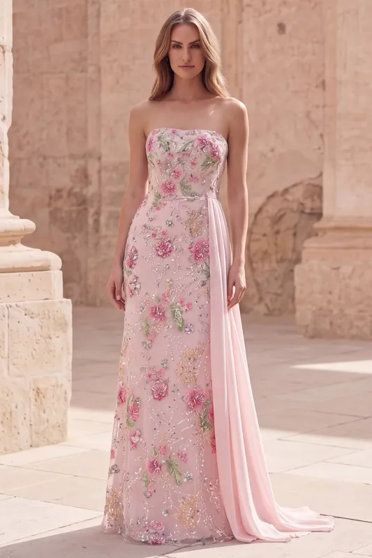 Strapless Pink Mermaid Beaded Floral Long Prom Dress with Sash made by Zapaka