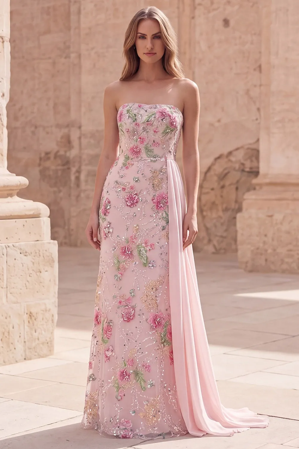 Strapless Pink Mermaid Beaded Floral Long Prom Dress with Sash sold by Zapaka