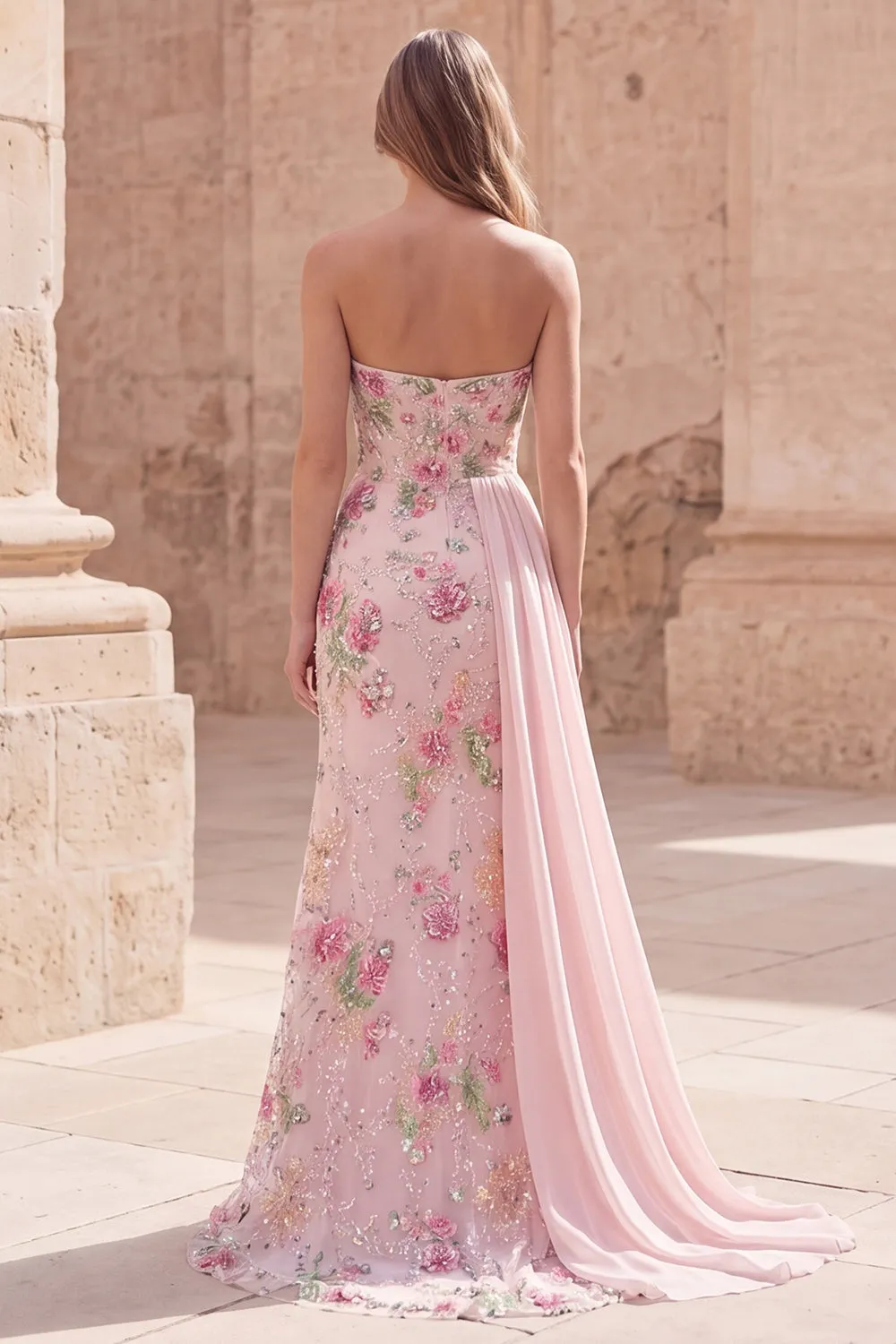 Strapless Pink Mermaid Beaded Floral Long Prom Dress with Sash sold by Zapaka product image thumbnail 2