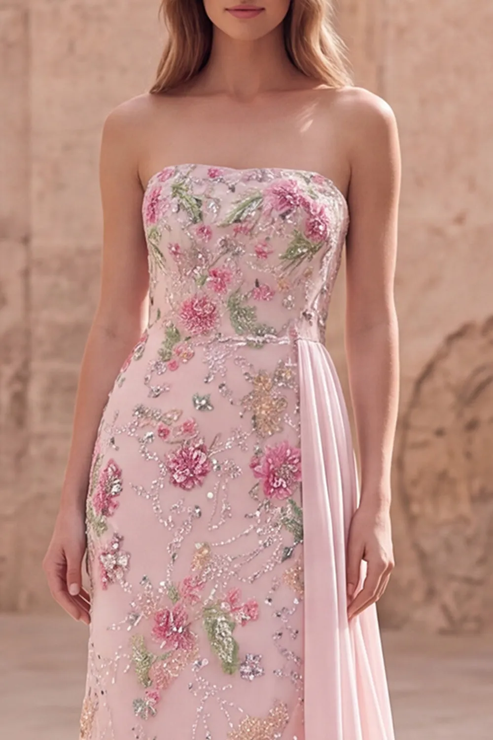 Strapless Pink Mermaid Beaded Floral Long Prom Dress with Sash sold by Zapaka product image thumbnail 3