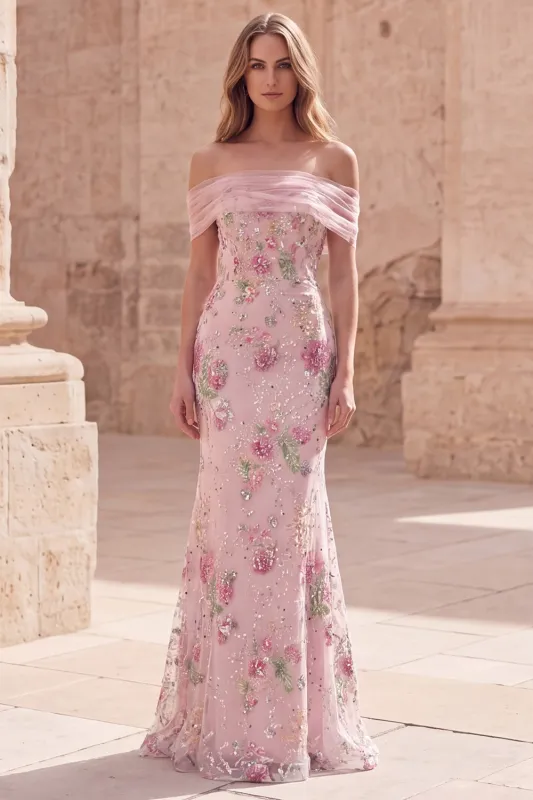 Off the Shoulder Pink Mermaid Floral Long Prom Dress with Beading made by Zapaka