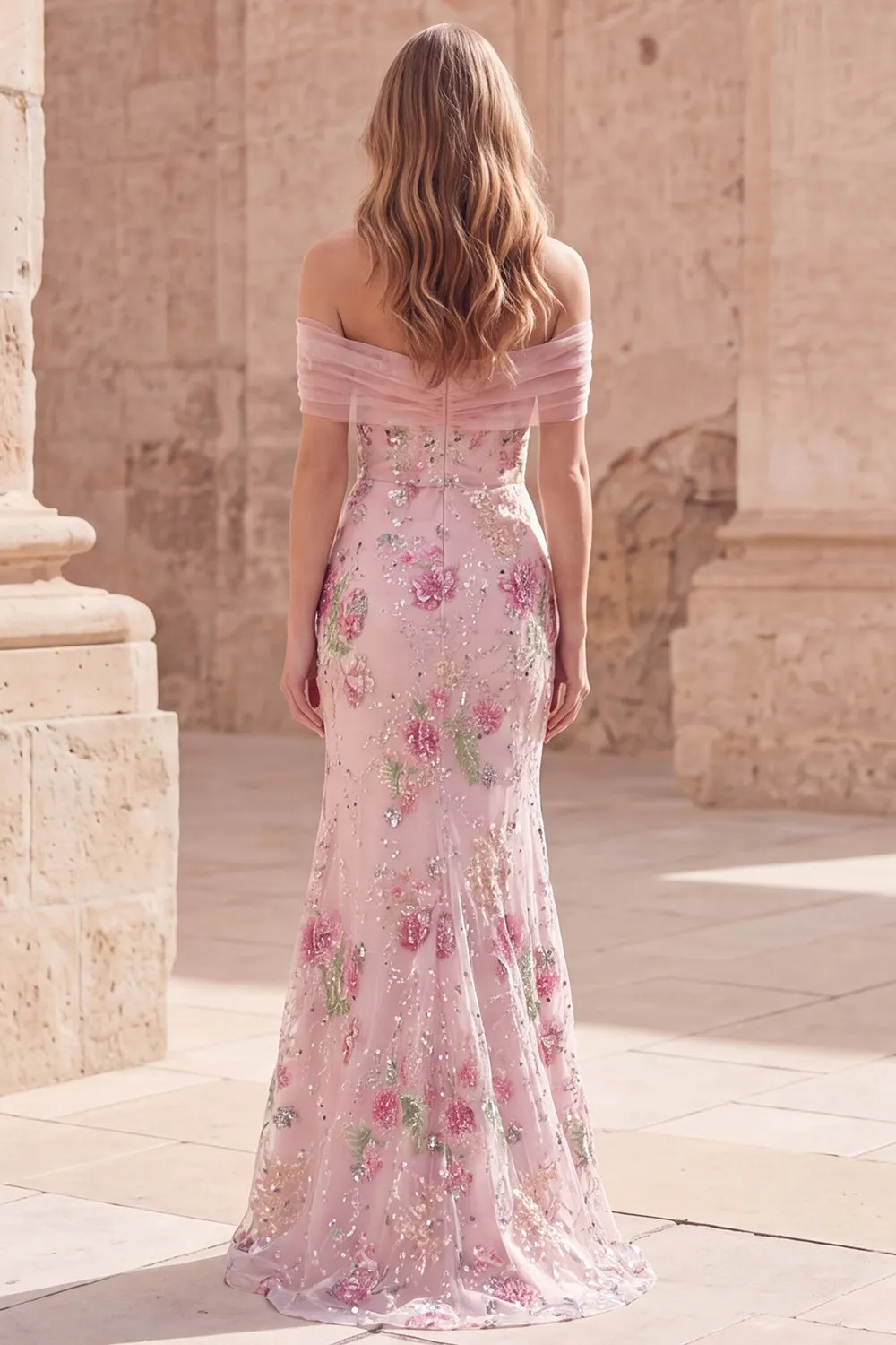 Off the Shoulder Pink Mermaid Floral Long Prom Dress with Beading sold by Zapaka product image thumbnail 2