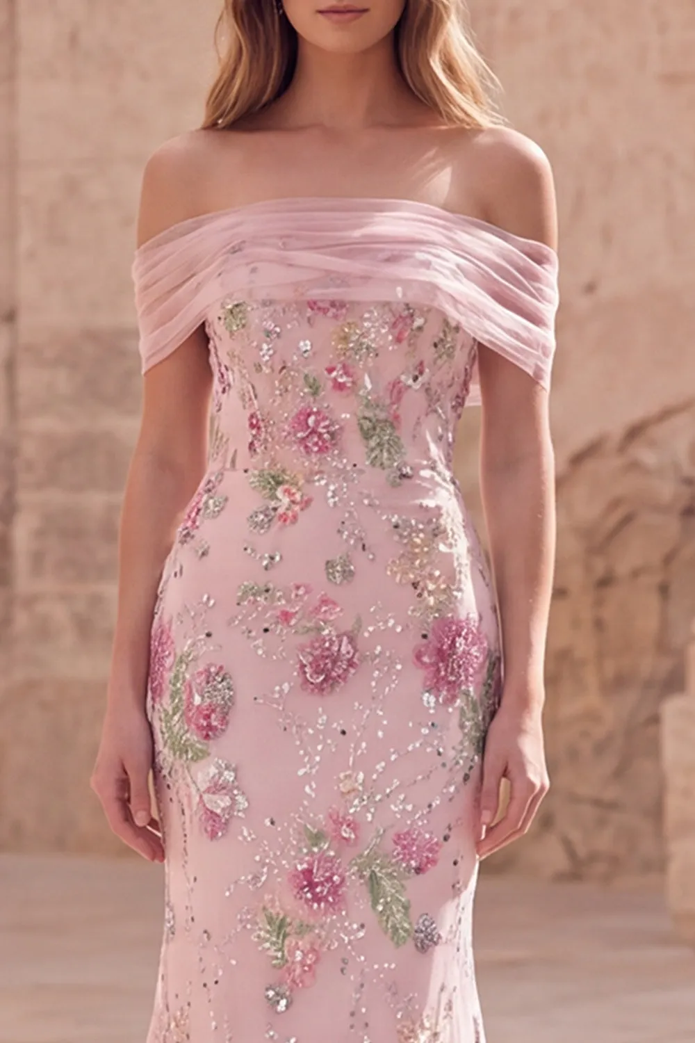 Off the Shoulder Pink Mermaid Floral Long Prom Dress with Beading sold by Zapaka product image thumbnail 3