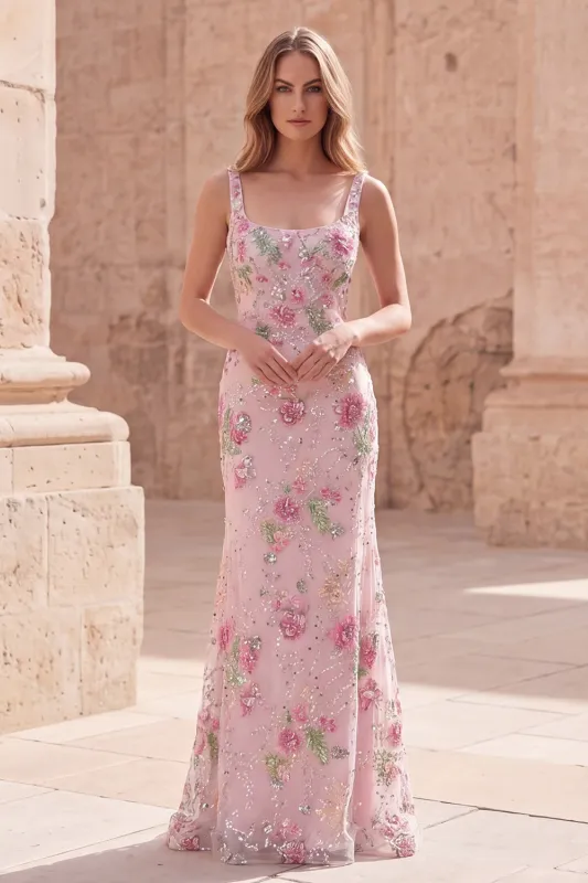 Pink Square Neck Mermaid Floral Long Prom Dress with Beading made by Zapaka
