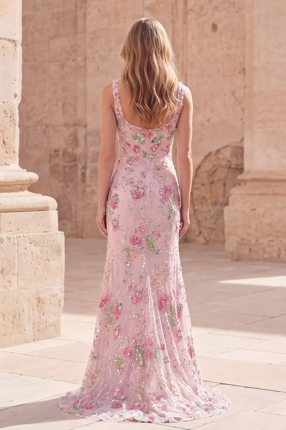 Pink Square Neck Mermaid Floral Long Prom Dress with Beading sold by Zapaka product image thumbnail 2