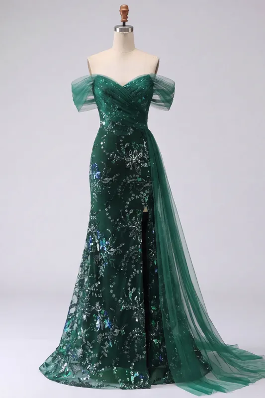 Sparkly Off the Shoulder Dark Green Mermaid Sequins Long Prom Dress with Slit made by Zapaka