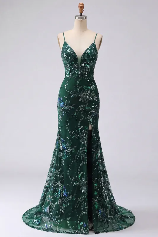 Sparkly Dark Green Mermaid Spaghetti Straps Sequins Long Prom Dress with Slit made by Zapaka
