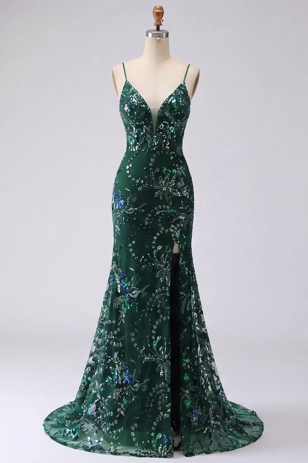 Sparkly Dark Green Mermaid Spaghetti Straps Sequins Long Prom Dress with Slit sold by Zapaka