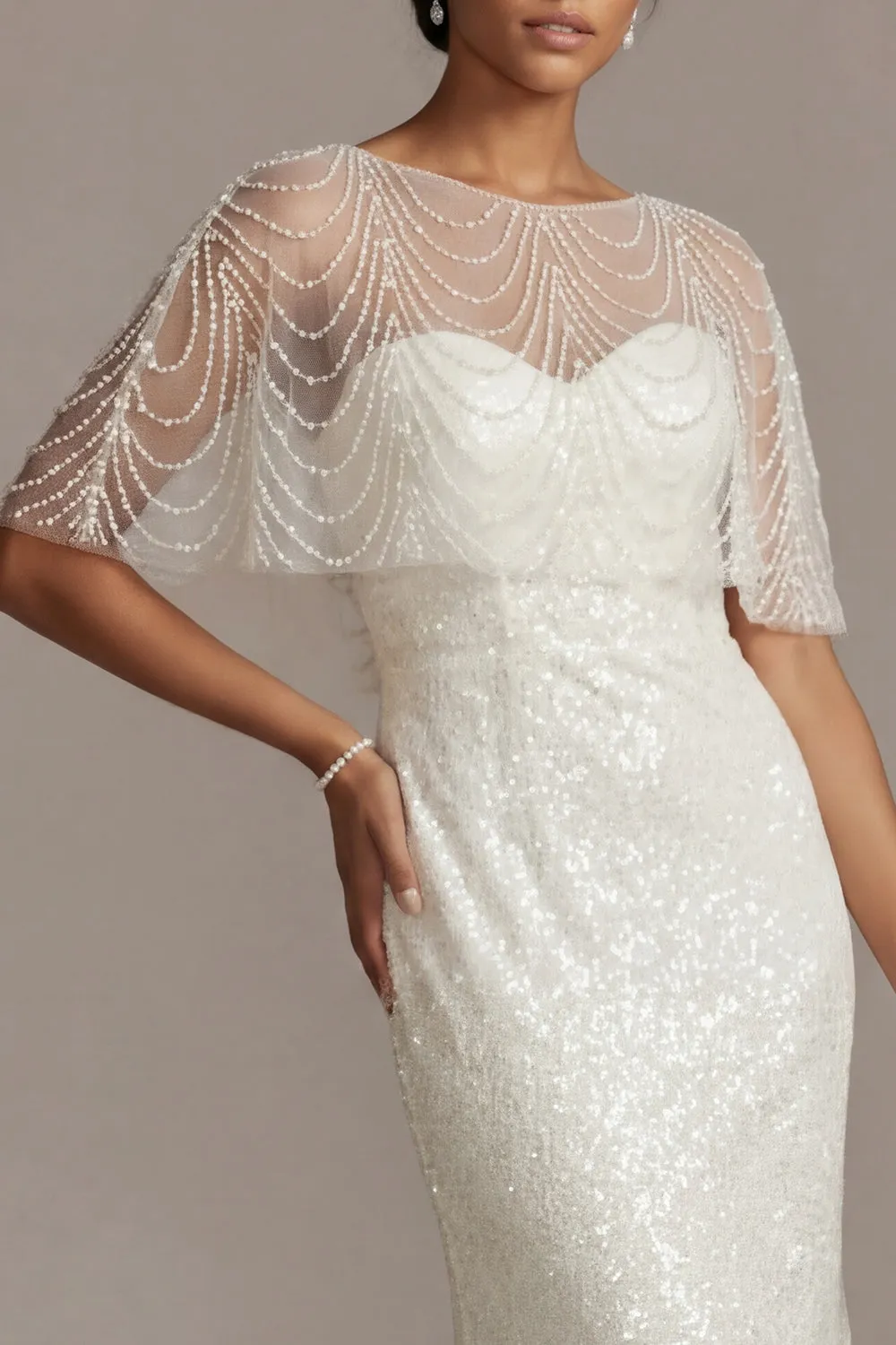 Sparkly White Illusion Boat Neck Mermaid Long Beaded Formal Dress with Pearls sold by Zapaka product image thumbnail 4