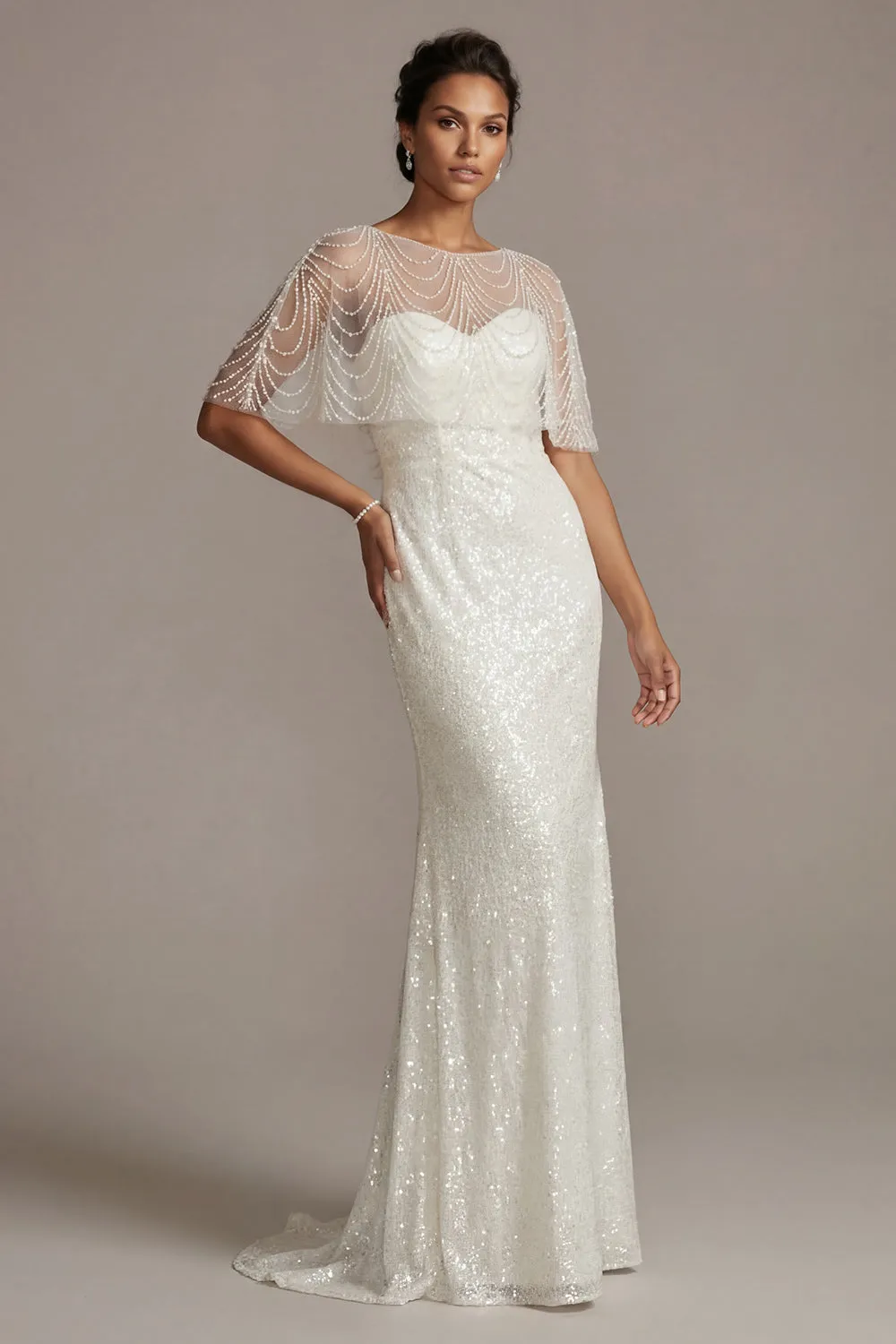 Sparkly White Illusion Boat Neck Mermaid Long Beaded Formal Dress with Pearls sold by Zapaka