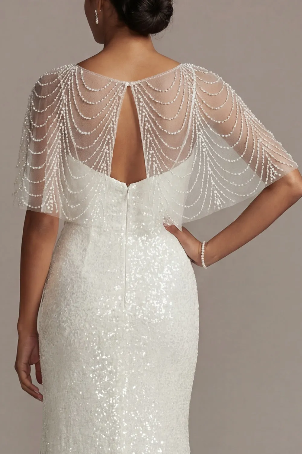 Sparkly White Illusion Boat Neck Mermaid Long Beaded Formal Dress with Pearls sold by Zapaka product image thumbnail 5