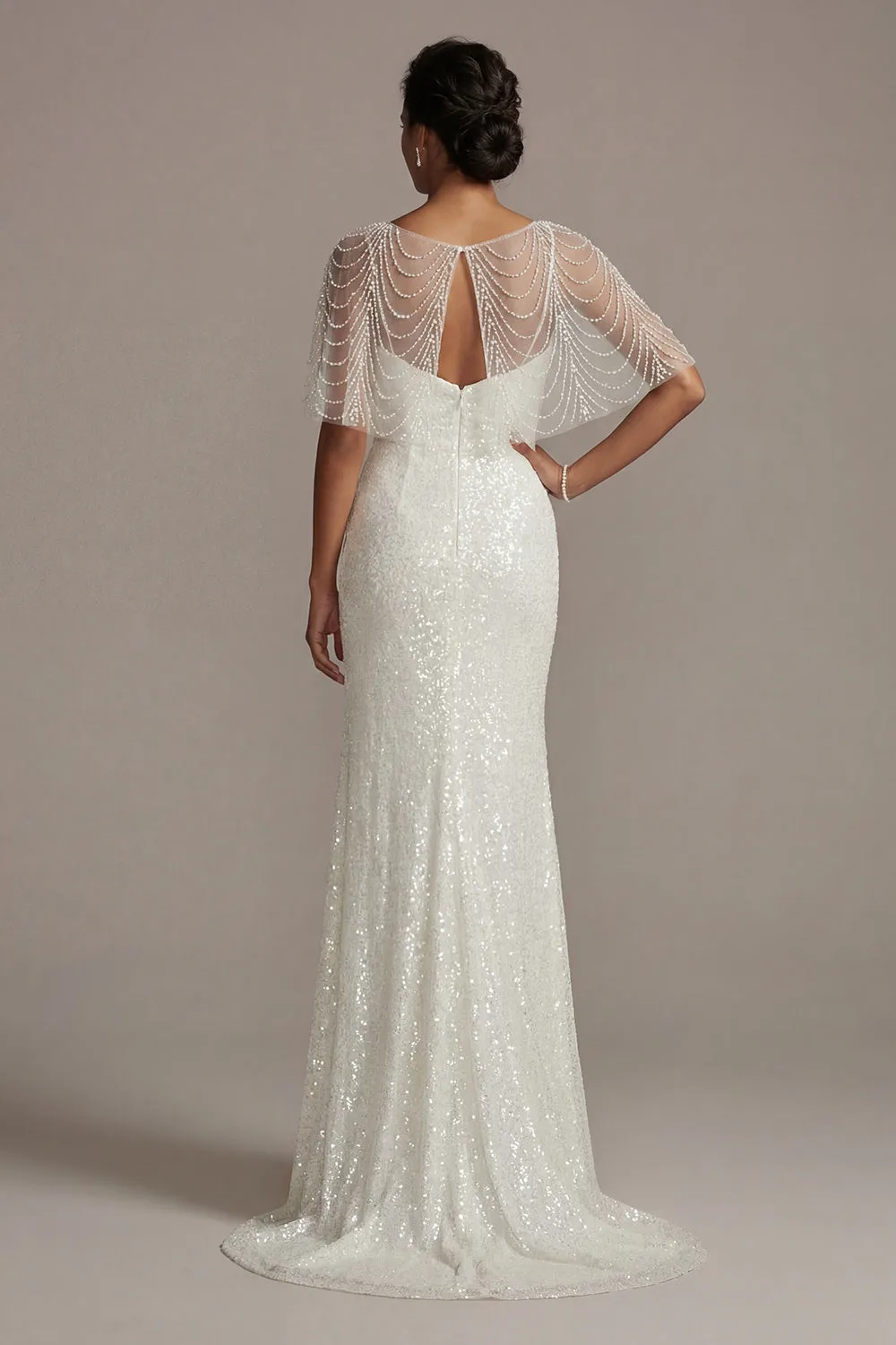 Sparkly White Illusion Boat Neck Mermaid Long Beaded Formal Dress with Pearls sold by Zapaka product image thumbnail 2