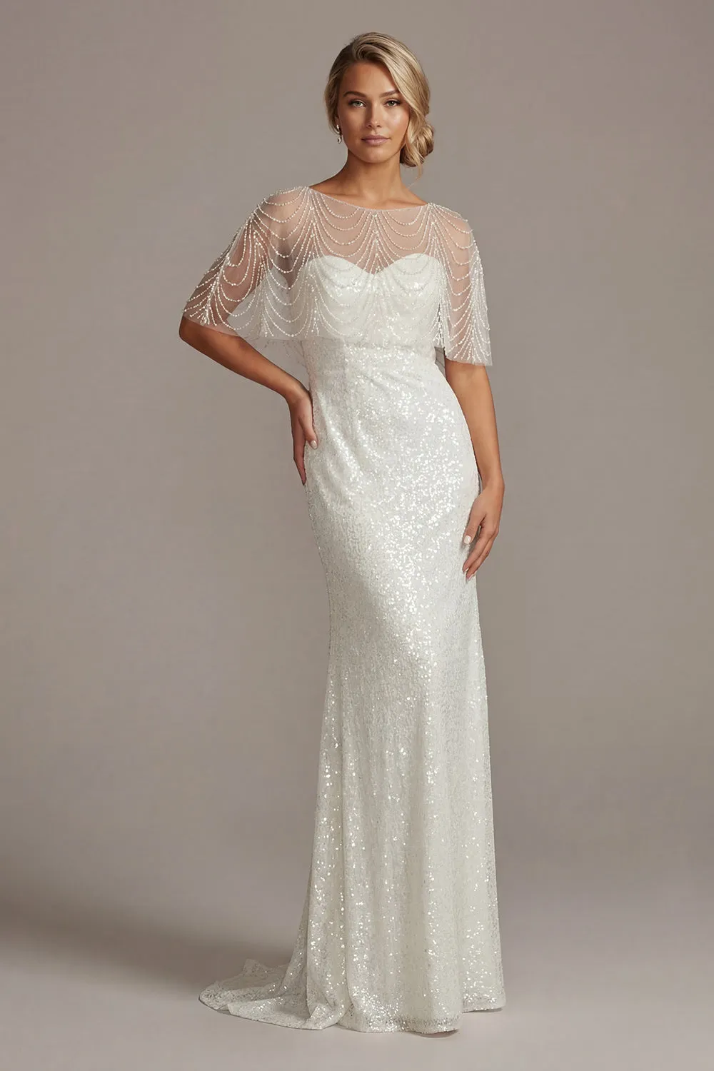 Sparkly White Illusion Boat Neck Mermaid Long Beaded Formal Dress with Pearls sold by Zapaka product image thumbnail 3