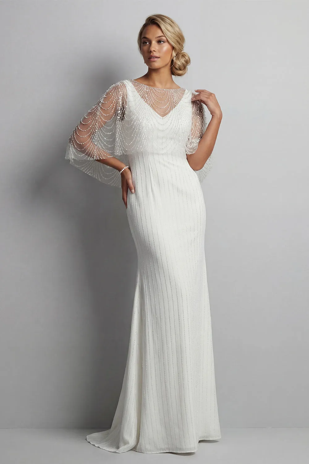 Mermaid White Pearls Long Enegagement Dress with Cape sold by Zapaka product image thumbnail 3