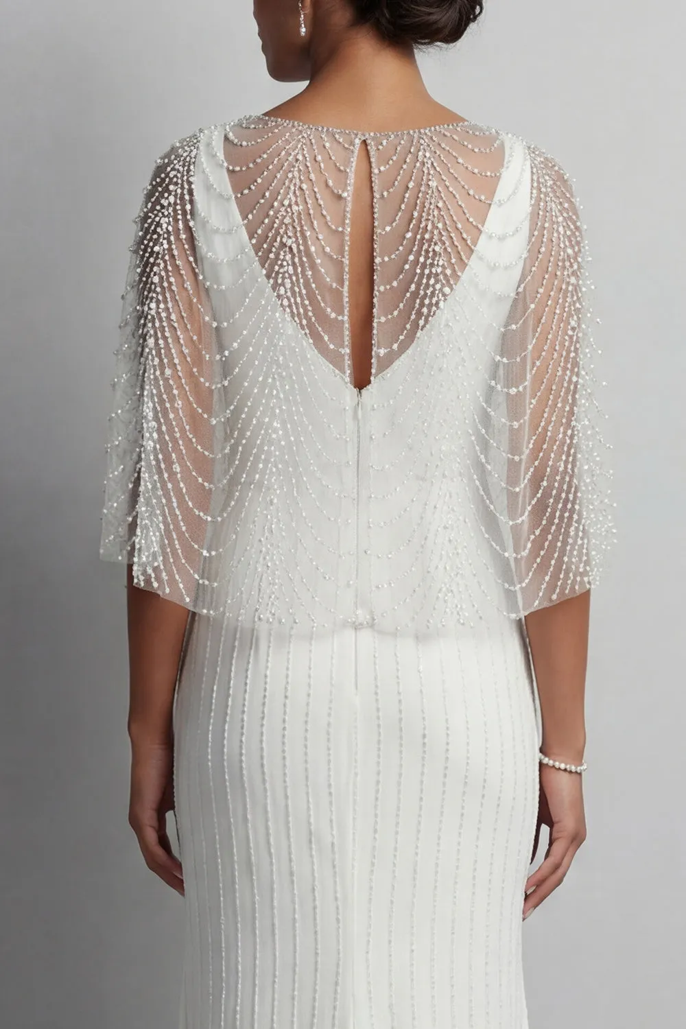 Mermaid White Pearls Long Enegagement Dress with Cape sold by Zapaka product image thumbnail 4