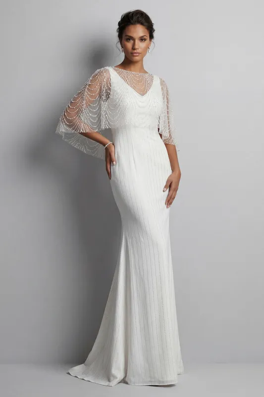 Mermaid White Pearls Long Enegagement Dress with Cape made by Zapaka