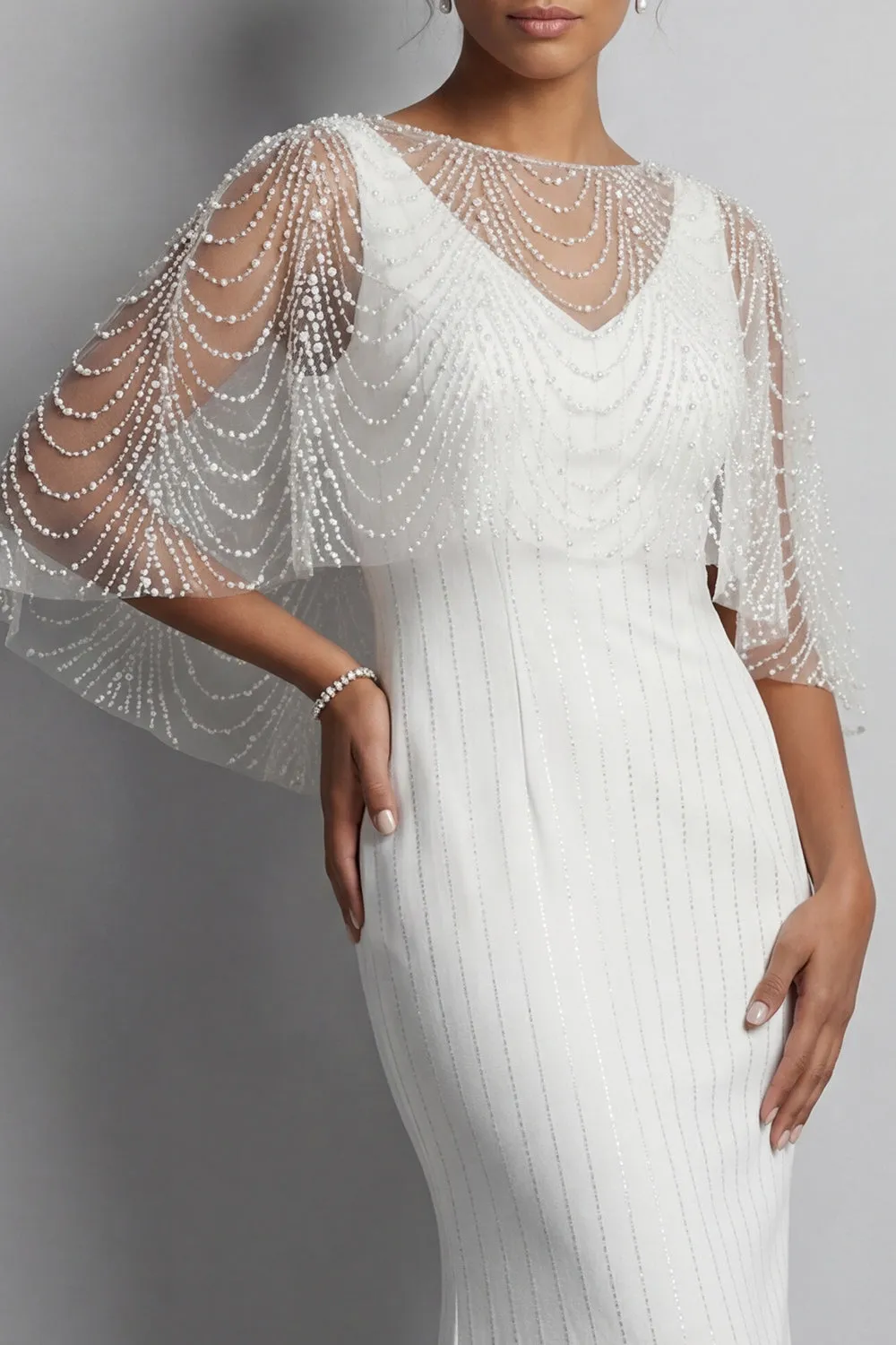 Mermaid White Pearls Long Enegagement Dress with Cape sold by Zapaka product image thumbnail 5