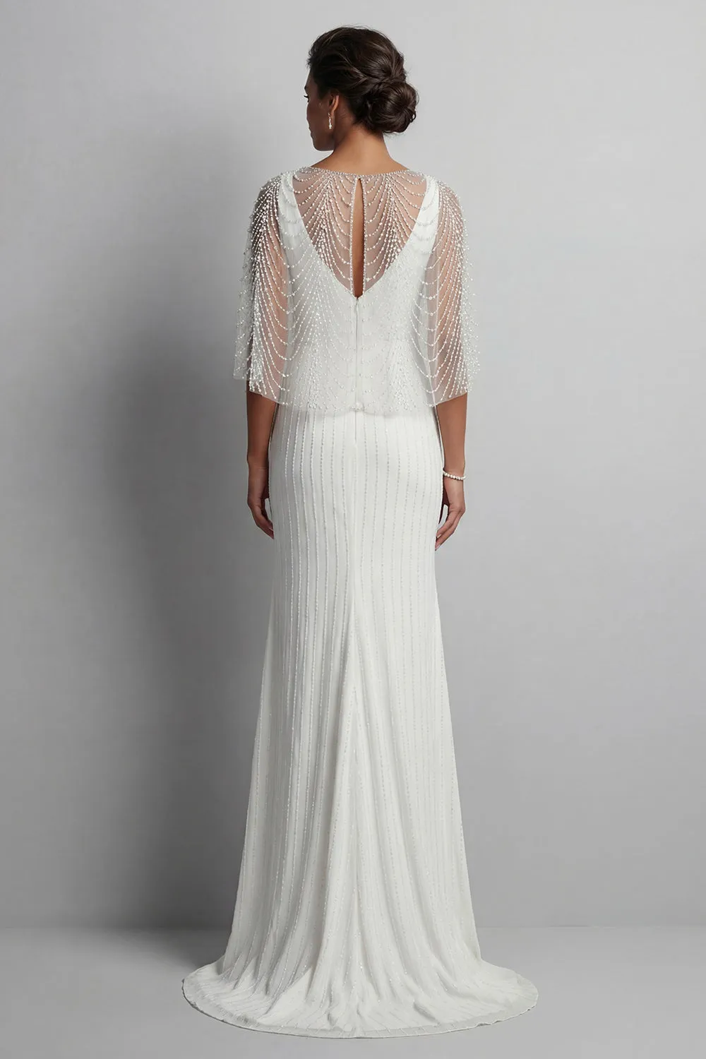 Mermaid White Pearls Long Enegagement Dress with Cape sold by Zapaka product image thumbnail 2