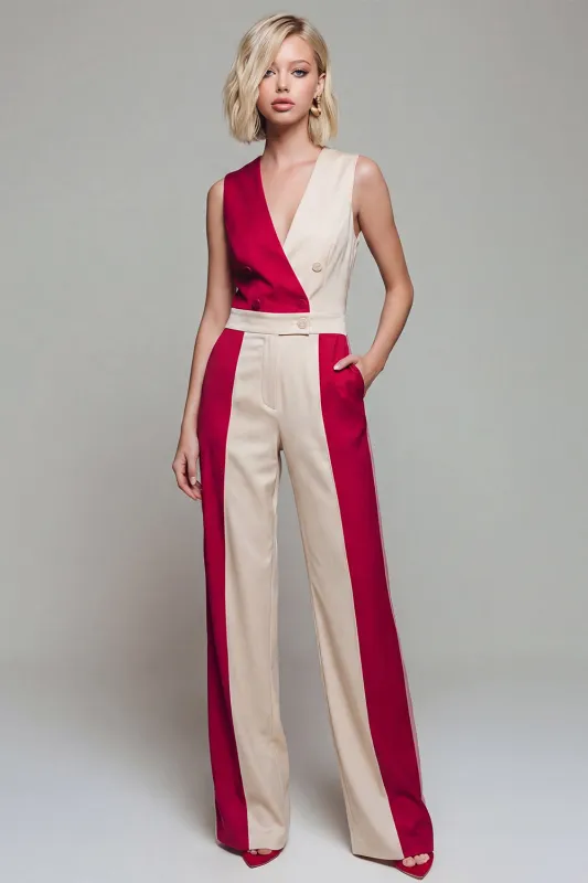 V Neck ColorBlock Light Khaki Women's Jumpsuits made by Zapaka