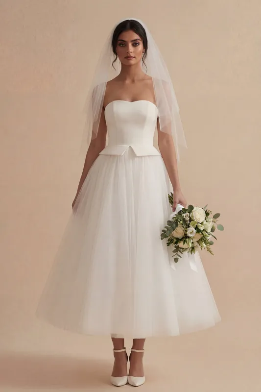 White A Line Strapless Long Boho Wedding Dress made by Zapaka