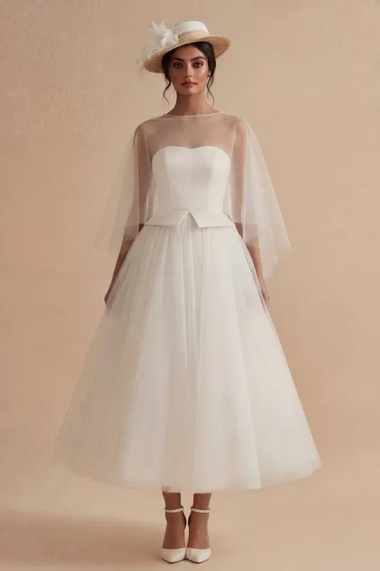 White  A Line Ilusion Bateau Neck Long Boho Wedding Dress made by Zapaka