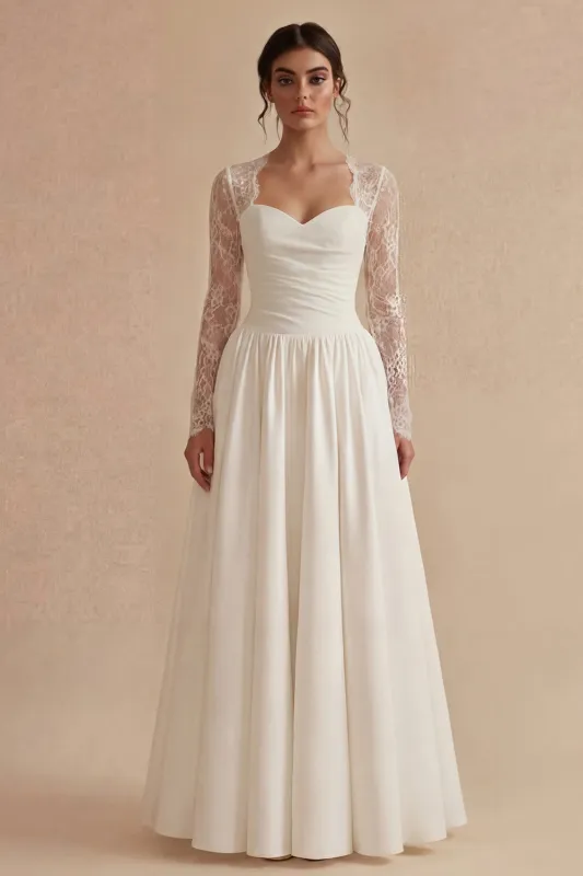 White Long Sleeves Floral A Line Maxi Boho Wedding Dress with Lace made by Zapaka