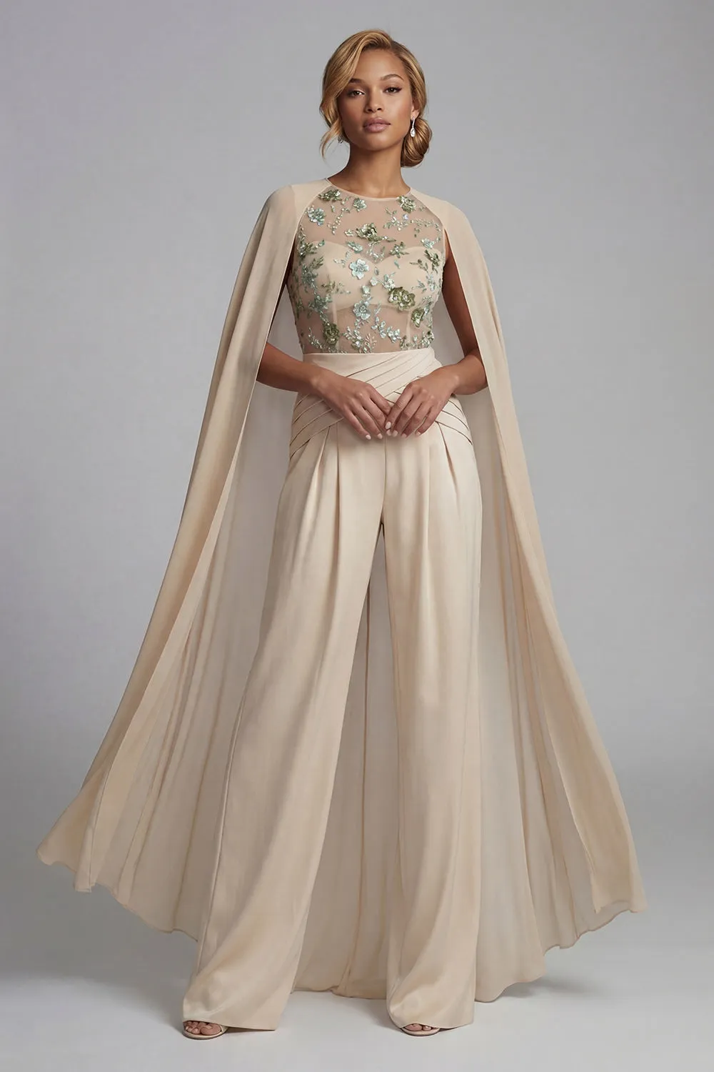 Champagne Applique Ruched Round Neck Mother Outfit with Cape sold by Zapaka product image thumbnail 3