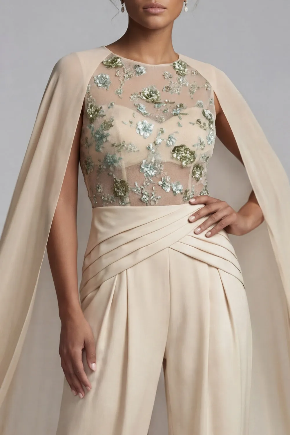 Champagne Applique Ruched Round Neck Mother Outfit with Cape sold by Zapaka product image thumbnail 4