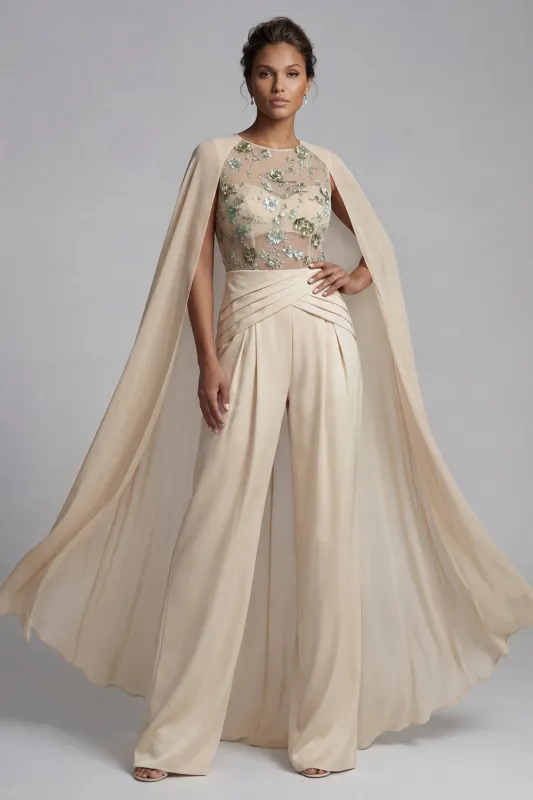 Champagne Applique Ruched Round Neck Mother Outfit with Cape made by Zapaka