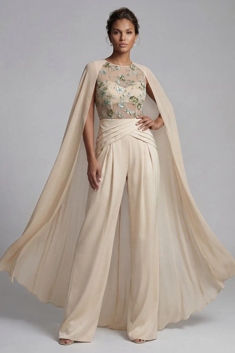 Champagne Applique Ruched Round Neck Mother Outfit with Cape sold by Zapaka