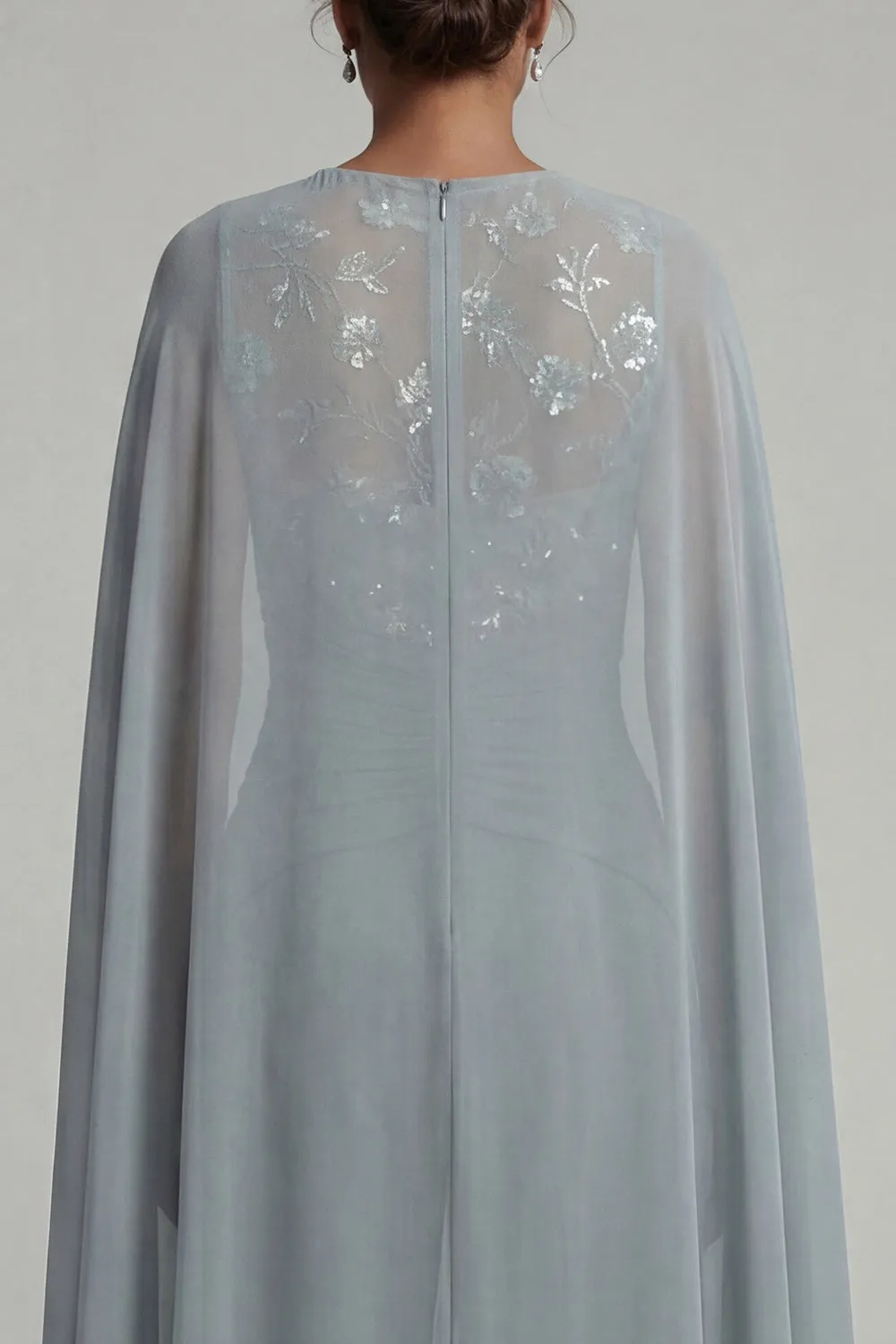 Grey Blue Appliqued Round Neck Motherof the Bride Jumpsuit with Cape sold by Zapaka product image thumbnail 4