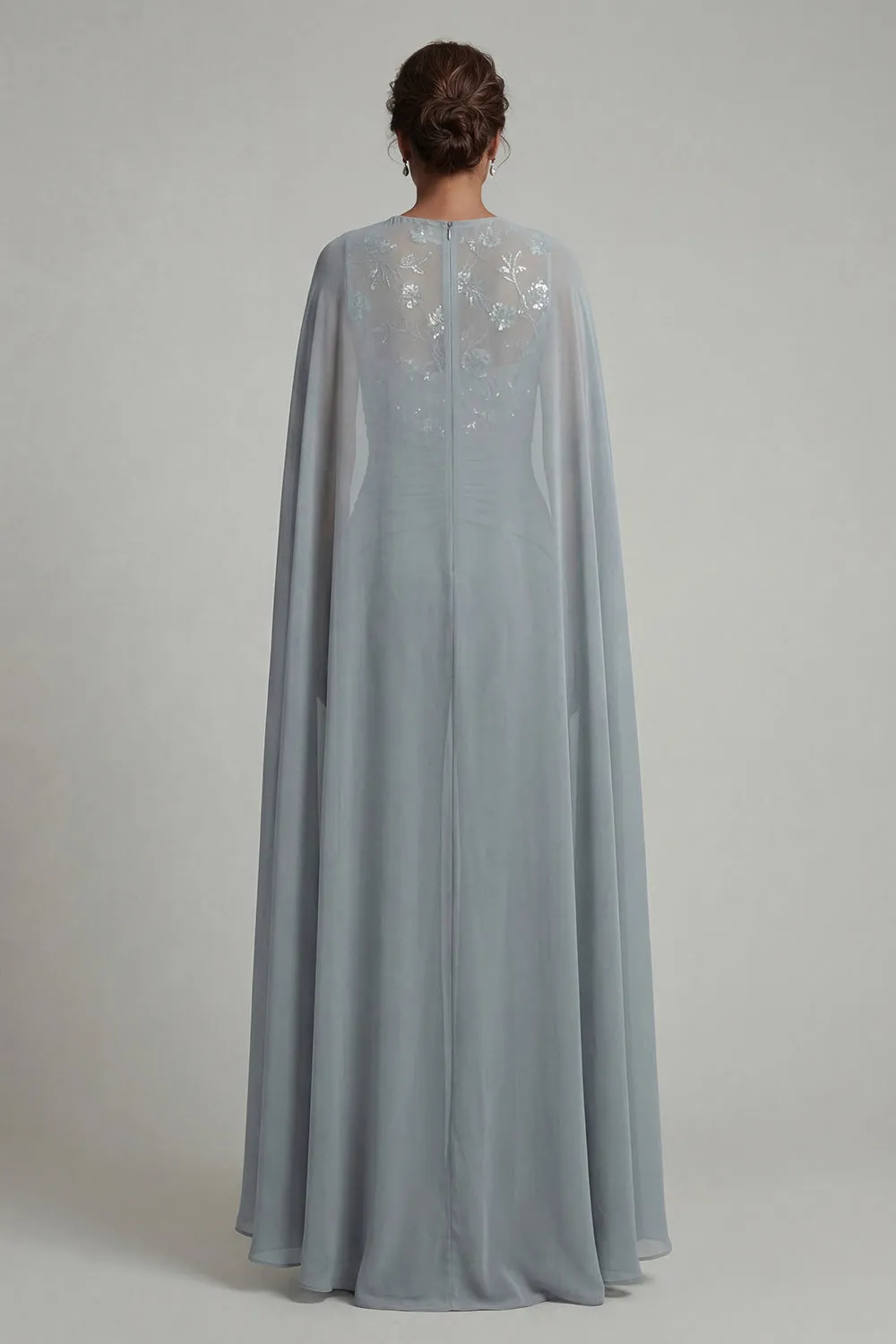 Grey Blue Appliqued Round Neck Motherof the Bride Jumpsuit with Cape sold by Zapaka product image thumbnail 2
