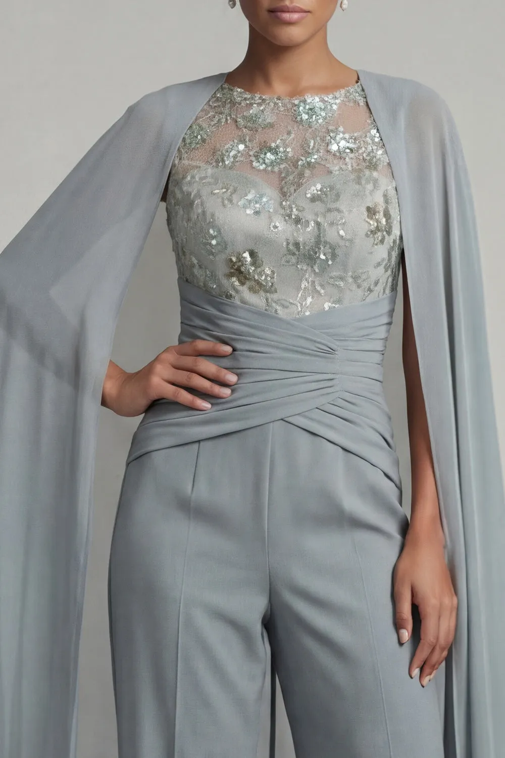 Grey Blue Appliqued Round Neck Motherof the Bride Jumpsuit with Cape sold by Zapaka product image thumbnail 3